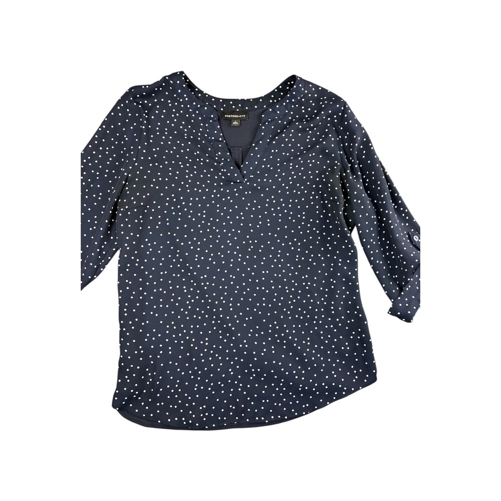 FORTUNE IVY Navy White Polka Dot V-Neck 3/4 Sleeve Casual‎ Blouse Top